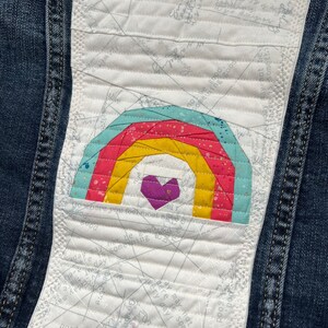 Upcycled denim jacket rainbow quilt block on denim denim upcycle image 3