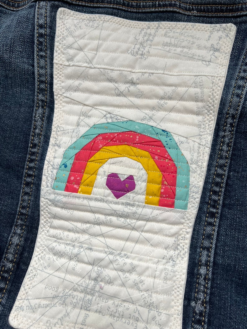 Upcycled denim jacket rainbow quilt block on denim denim upcycle image 3