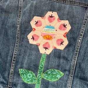 Upcycled denim jacket hexie flower quilt block on denim denim upcycle image 2