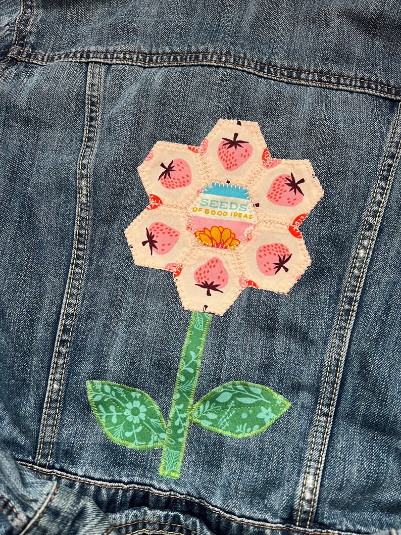 Upcycled denim jacket hexie flower quilt block on denim denim upcycle image 2