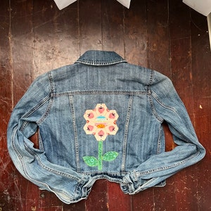 Upcycled denim jacket hexie flower quilt block on denim denim upcycle image 1