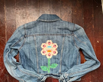 Upcycled denim jacket - hexie flower - quilt block on denim - denim upcycle