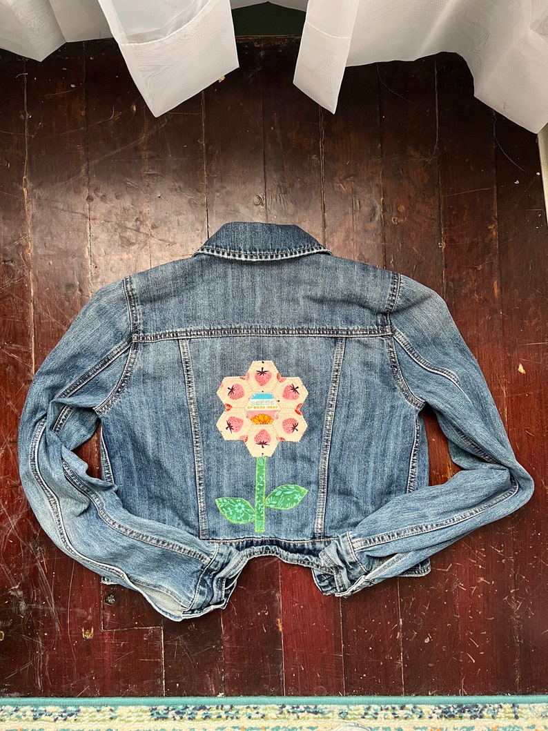 Upcycled denim jacket hexie flower quilt block on denim denim upcycle image 1