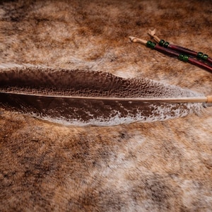 May include: A large, brown and white feather with a wooden handle and a beaded accent. The feather is resting on a textured, brown and tan surface. The beaded accent is made of dark red and green beads.