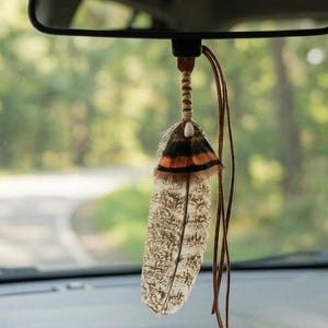 May include: A decorative hanging ornament featuring a single speckled feather with a dark brown and orange band at the top, suspended by a braided cord and thin leather strips from a vehicle rearview mirror against a blurred road background.