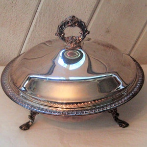 Silver plated footed casserole dish, clear glass pyrex bowl, 1.5 quarts, metal lidded bowl, mid century vintage serving, FR Rogers Silver Co