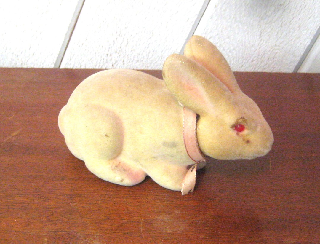 Antique Flocked Bunny Rabbit With Bobble Head, Beige Pink Ribbon, Mid ...
