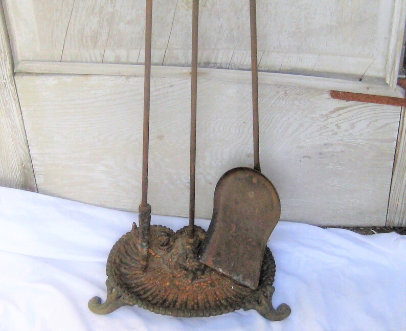 Antique fireplace tool stand set ornate stand with feet indoor poker shovel cast iron Victorian mid century fireplace decor rusty metal