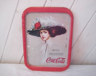 Coca - Cola tray, reproduction, 1971, Victorian lady coke tray, woman in large hat, decorative tray, Hamilton King 1909 girl