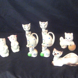 Vintage cat salt and pepper shakers, Siamese cat indoor planter, polka dots whimsical quirky, mid century 50s 60s, collectible S & P Japan