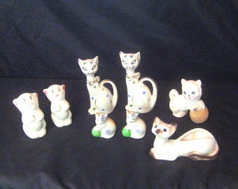 Vintage cat salt and pepper shakers, Siamese cat indoor planter, polka dots whimsical quirky, mid century 50s 60s, collectible S & P Japan