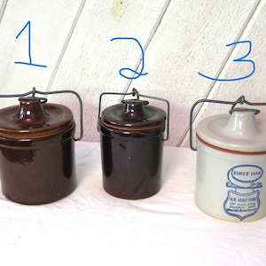 Vintage crock jars with locking lids, brown glazed gray stoneware cheese kitchen crocks storage, mid century 60s 70s, large medium, USA made
