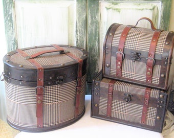 Vintage wood box trunk hat box, domed keepsake memory box, suitcase luggage, hounds tooth faux leather straps, brown wooden, carry on