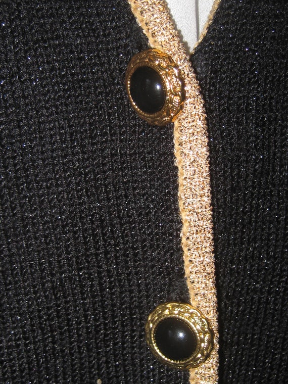 Vintage black cardigan sweater, metallic gold tri… - image 9