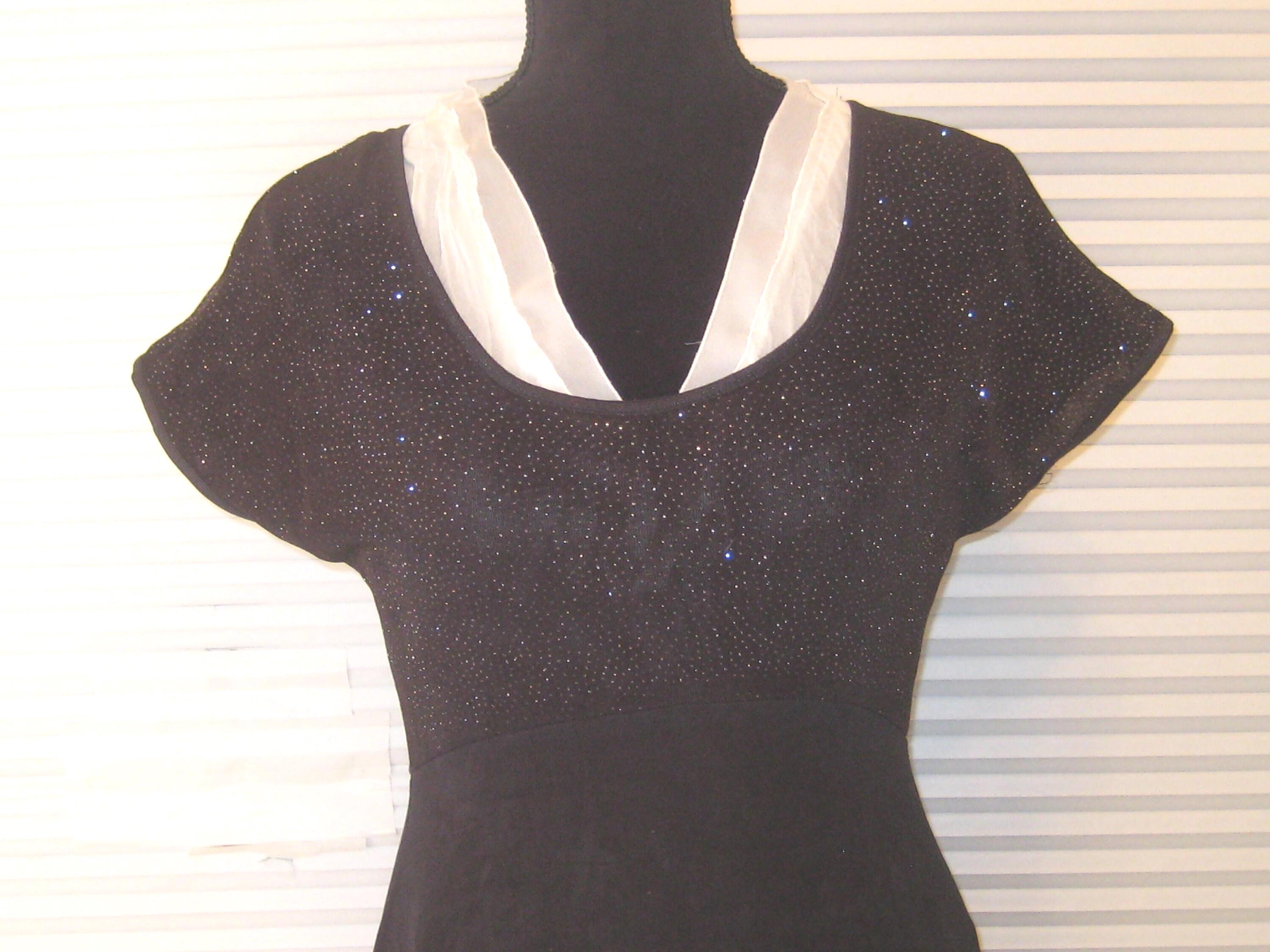 Vintage Black Dress, Size Small S, 70s 80s, Polyester Glitter Bodice, Cap Sleeves Scoop Neck, Fit to Flare, Made in USA, Formal Party Dress