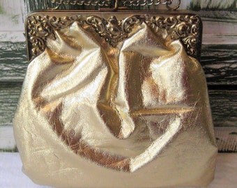 Vintage Small Gold Handbag, Vinyl Chain Top Handle Bag, Mid