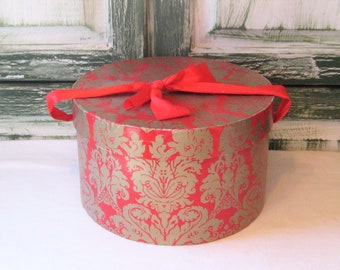 Vintage cardboard hat box, red gold filigree 10&quot; hatbox, 1970s hat closet storage, bow ribbon handle, ornate decorative