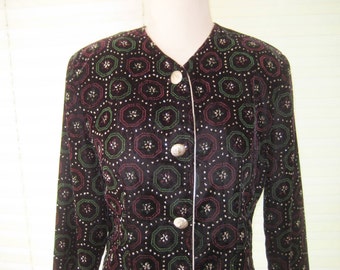 Velvet button down blouse, top, formal blazer, sparkly black with burgundy and green trim, Ellen Ashley, 70s 80s, size medium, made in USA