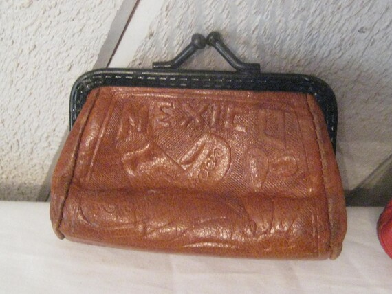 Vintage change purse, coin purse, brown tooled le… - image 3