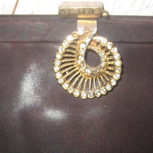 Dark Brown silk fabric clutch, bobbie Jerome, mid century formal evening bag, jeweled rhinestone ornate latch, beige silk interior, 50s