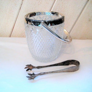 Cut glass ice cube bucket, diamond cut glass, decorative silver tongs, 1930s, antique ice bucket, small ice bucket