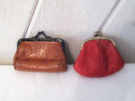 Vintage change purse, coin purse, brown tooled le… - image 1