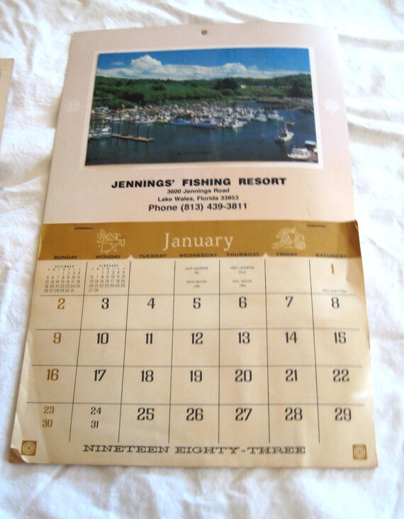 Vintage 1980s Wall Calendar, 1983 Jennings Fishing Resort
