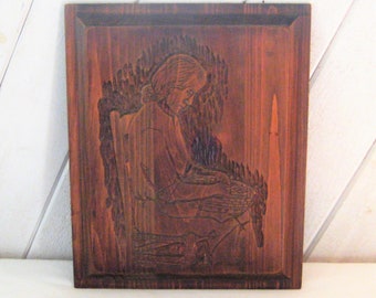 Vintage hand carved old woman with basket on lamp, 1990s, brown wood picture wall hanging decor, rare unusual unique OOAK, boho bohemian