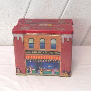 Vintage Tin Box, Lidded Red Metal Box Antique Reproduction of A&P