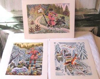 Vintage Russian folk tale fairytale chalk drawing sketch, copies of cat crow ax saw tools, fox stealing fish, frog and prince, 1990s signed