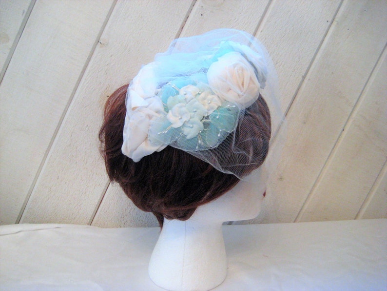 Blue white mini hat, floral Hat, veil hat, formal church hat, Sunday hat, mid century, 50s 60s image 1