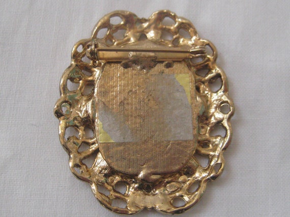 Vintage oval silver tone filigree brooch, orange … - image 3