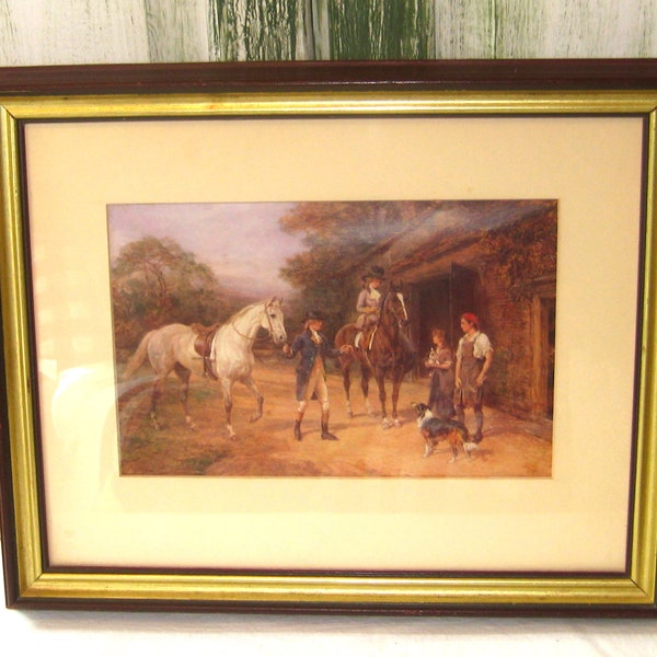 Vintage framed print, travelers on horses at Inn picture, 70s 80s, oxblood gold wood frame, 13 x 16", cabin lodge decor