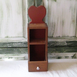 Petite wood wall shelf, two tiered with a bin, barn red heart, country kitchen storage, 70s 80s, tall narrow shelves, farmhouse decor