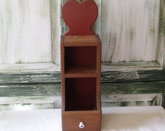 Petite wood wall shelf, two tiered with a bin, barn red heart, country kitchen storage, 70s 80s, tall narrow shelves, farmhouse decor