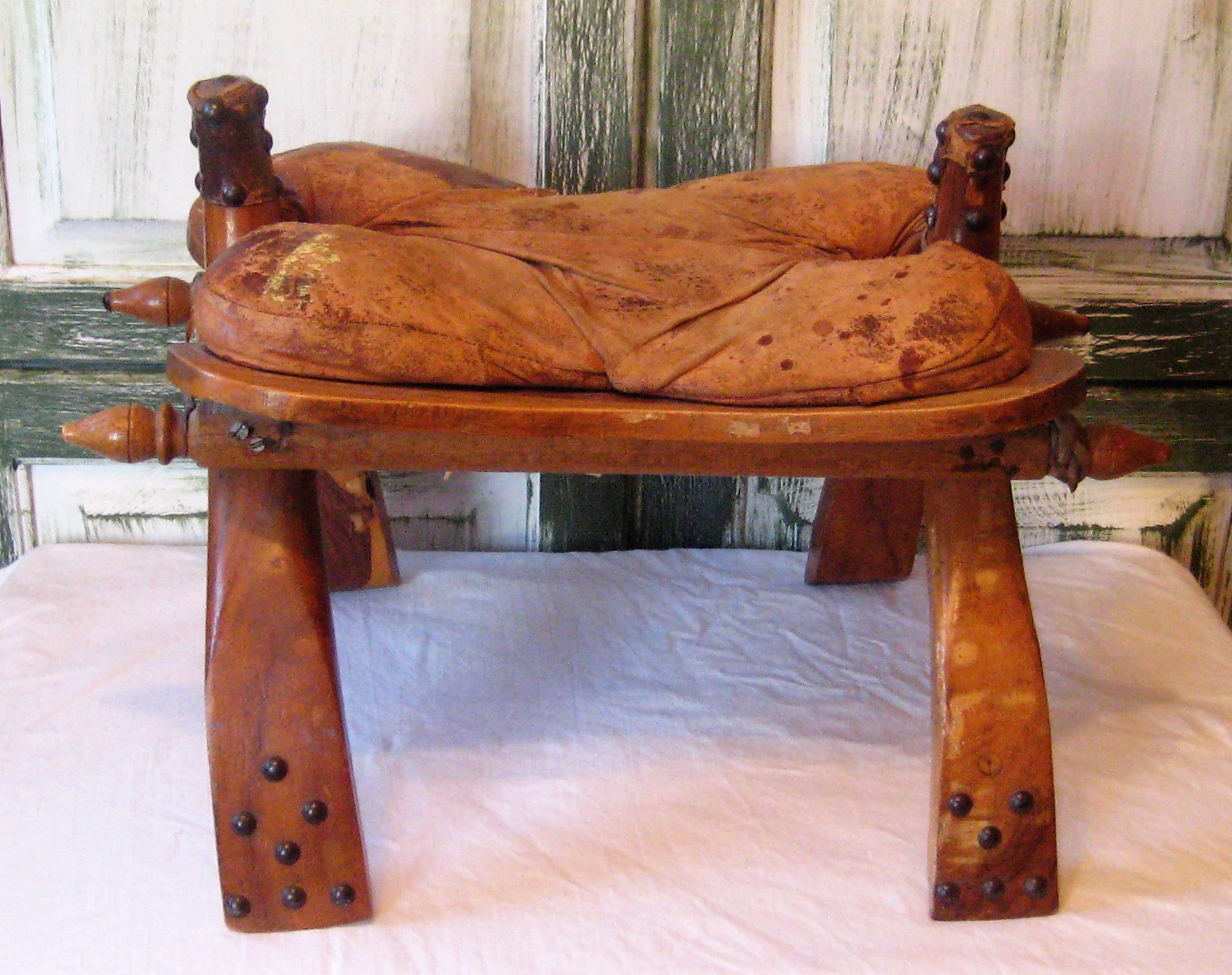 Antique Camel Saddle, Rustic Wood Foot Stool, Distressed Antique Camel Saddle, Rustic Wood Foot Stool, Distressed