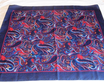 Vintage neck scarf, square head scarf, cobalt navy blue paisley polyester Italian scarf, red gray royal blue, 60s 70s fall autumn winter