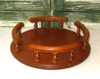 Vintage Oak wood lazy susan, heavy solid wood round rotating centerpiece tray platter finial sides, 1970s made in USA colonial country decor