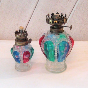Vintage pair of oil lamps bases, glass jeweled crowns turquoise fuchsia green, new wicks, 60s 70s, boho hippie bohemian eclectic decor
