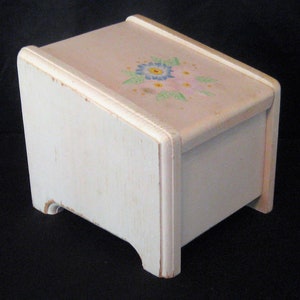 Vintage Holz Rezeptbox, Karteikasten, Karteikasten, 10 x 5 Zoll Karten, Klappdeckel, elfenbein geblümt rosa blau, retro shabby Landhaus Küche Dekor 60er Jahre