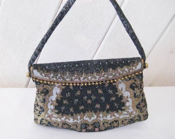 Gold lame French handbag, Formal evening clutch, metallic gold, silver, black, ornate decorative rhinestones, antique top handle small purse