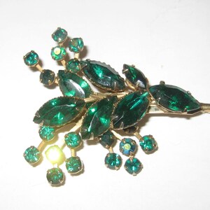 Antique brooch, green glass rhinestones, gold tone brass metal, diamond round shaped rhinestones, womens lapel pin, mid century 40s 50s 60s
