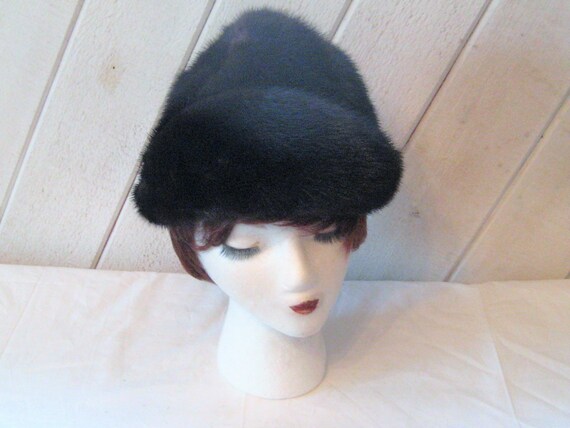 Vintage Black Mink Hat, from the 60’s Vintage Black Velvet and Brown Mink Fur Hat with Satin Bow  main image 4