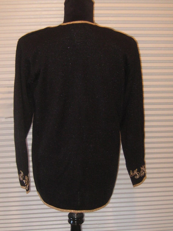 Vintage black cardigan sweater, metallic gold tri… - image 6