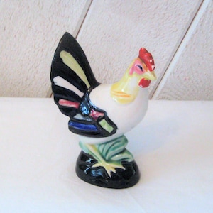 Antique white ceramic rooster statue, hen chicken figurine, kitchen decor, made in Japan, rustic distressed farmhouse decor, mid century 50s