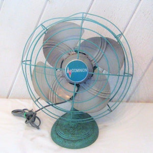 Mid century electric fan, aqua blue, Dominion fan, art deco fan, working fan, 30s40s 50s, table top fan, antique fan, small metal fan