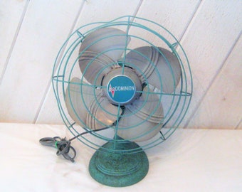 Mid century electric fan, aqua blue, Dominion fan, art deco fan, working fan, 30s40s 50s, table top fan, antique fan, small metal fan