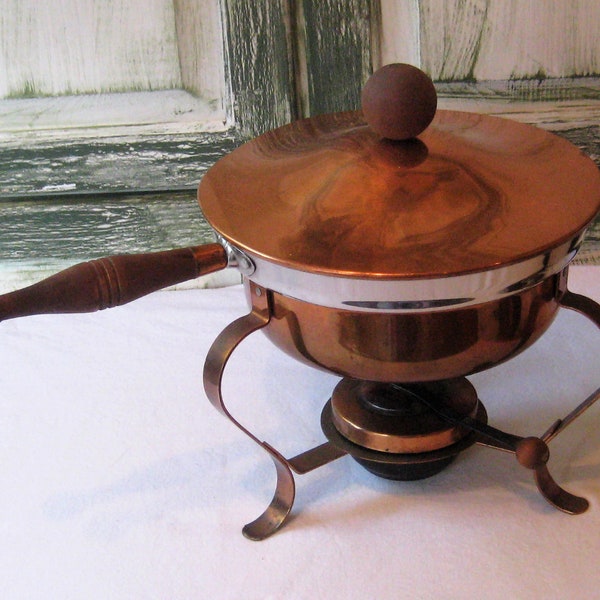 Antique copper aluminum pan over sterno container, ornate wood handles, mid century 40s 50s vintage serving cooking frying pan boiler fondue