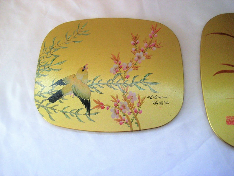 Gold Asian Trivet Set Japanese Trivets Exotic Birds Pink Etsy