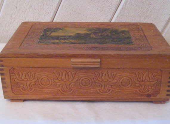 Vintage Wood Box, Hinged Lid, Dovetail Corners, Interior
